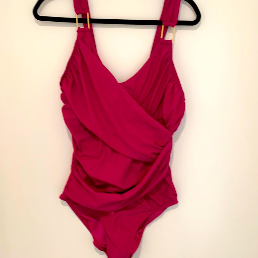 Spanx one-piece shirred waist swimsuit. Hot pink.